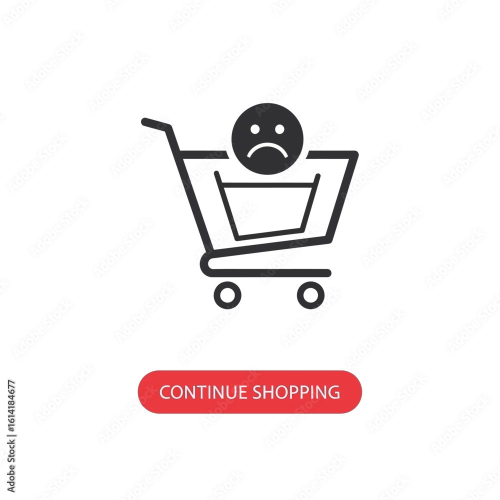 Poster a shopping cart icon with a sad face inside, sitting above a red 