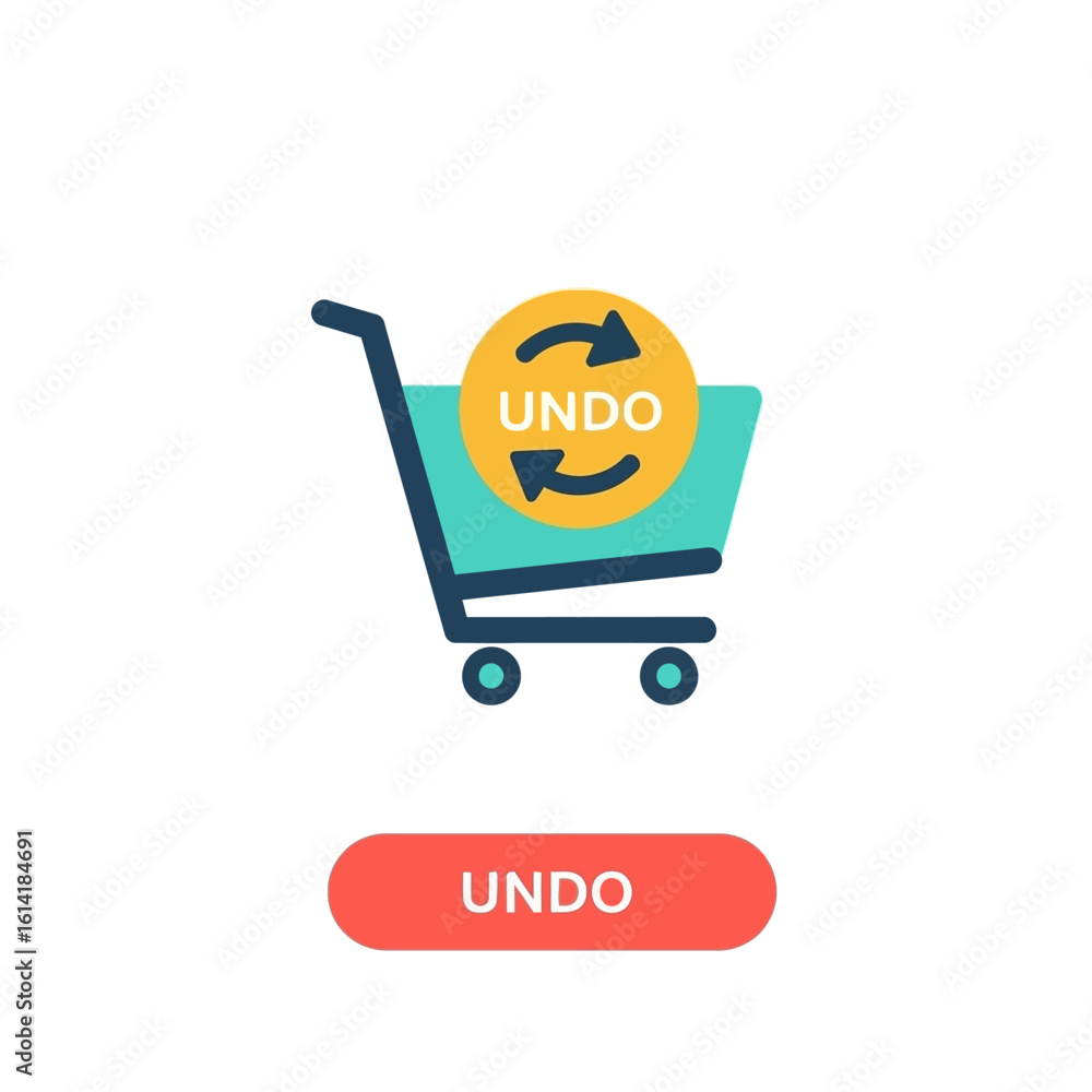 Poster a teal shopping cart icon with a circular undo symbol, and a red button labeled 