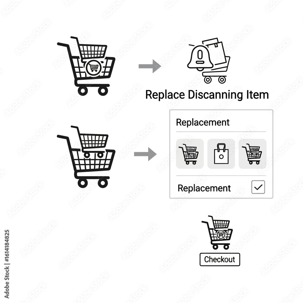Poster illustration showing the process of replacing items in an online shopping cart before checkout, usin