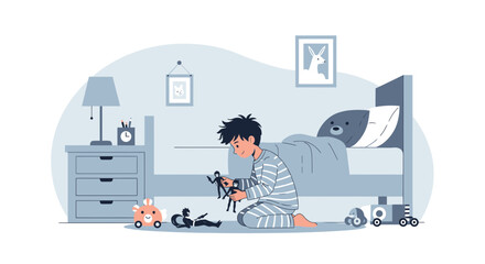 Boy Plays with Action Figures in His Bedroom Simple Cute Cartoon Illustration