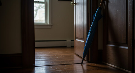 Umbrella drying by the door, rainy day feel