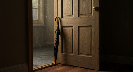 Umbrella drying by the door, rainy day feel