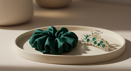 Silk scrunchie and glass hair clip arranged on ceramic tray with soft lighting
