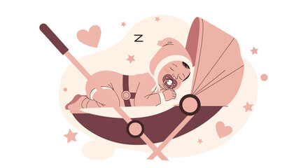 Adorable Infant Blissfully Sleeping Peacefully in Pram with Hearts and Stars Around