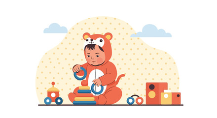 Fototapeta premium Adorable Toddler Enjoying Playtime With Colorful Toy Blocks And Stacking Rings