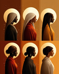 Six artistic profiles of women with radiant halos, wearing varied traditional robes and head coverings, depicted in warm, earthy tones with a serene and spiritual ambiance.