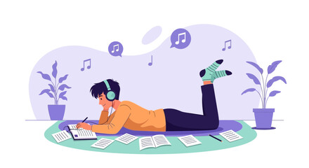 Obraz premium Boy Relaxing And Writing Music With Headphones Creative Process At Home