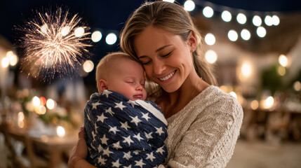 A smiling woman lovingly holds a sleeping baby wrapped in an American flag blanket as fireworks light up the night sky in a festive outdoor setting.