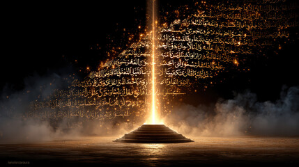 A glowing pillar of light ascends from a stepped platform, surrounded by golden Arabic script and mystical smoke in a dark, ethereal environment.