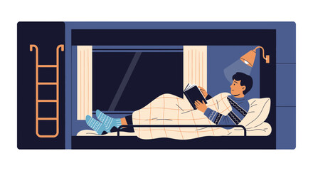 Boy Relaxing With Book On Bunk Bed In Train Carriage At Night