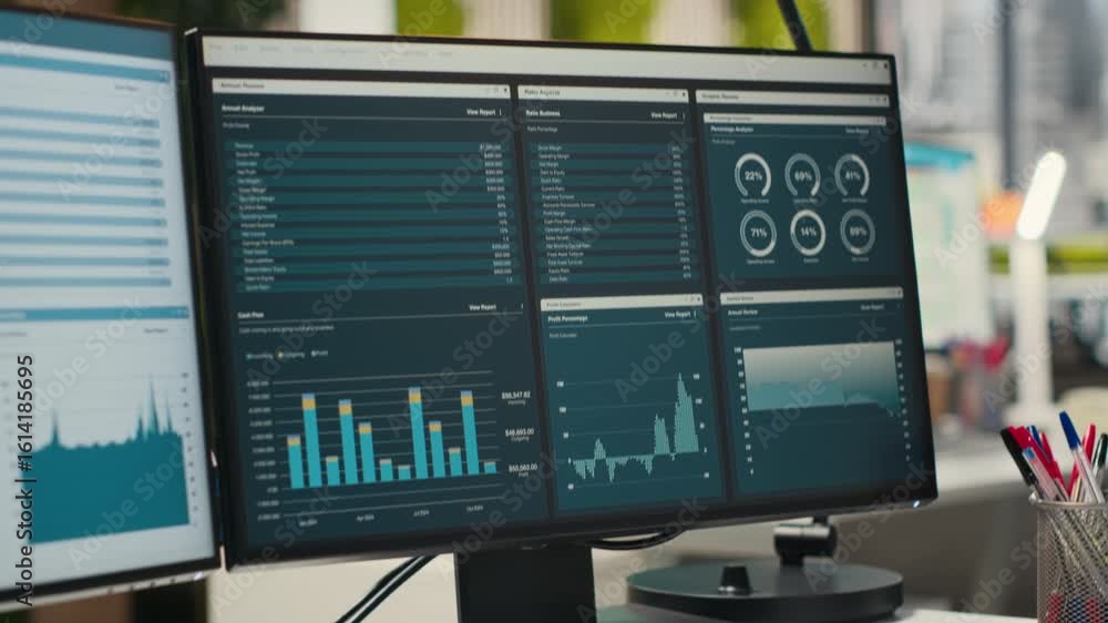 Poster empty corporate workstations with computers running financial diagnostics for forecasting, planning 