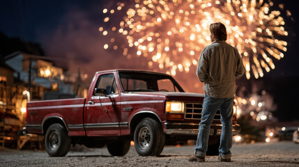 A man stands beside a vintage red pickup truck, watching bright fireworks light up the night sky above a suburban neighborhood.