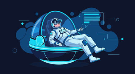 Astronaut Exploring Virtual Reality Inside Capsule On Futuristic Space Station