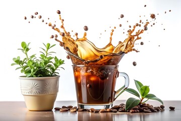 Dynamic Iced Coffee Splash in a Glass Mug with a Green Plant