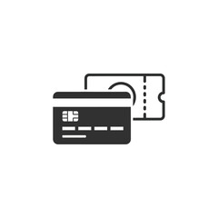 A credit card is shown in front of a ticket, representing payment or purchase.