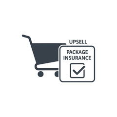 A shopping cart icon next to a package insurance document with a checkmark, representing an upsell.
