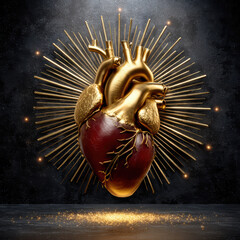 A shiny golden anatomical heart glows with radiant beams against a dark textured background, symbolizing vitality and preciousness.