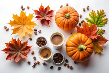 Festive Fall Flat Lay with Coffee, Pumpkins, and Leaves