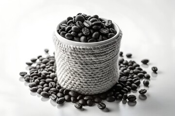 Black and White Still Life of Roasted Coffee Beans in a Woven Pot