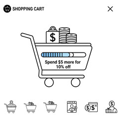 A minimalist shopping cart graphic displaying a progress bar, money, and a promotional offer.