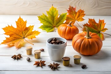 Autumn Coffee Still Life with Pumpkins and Maple Leaves