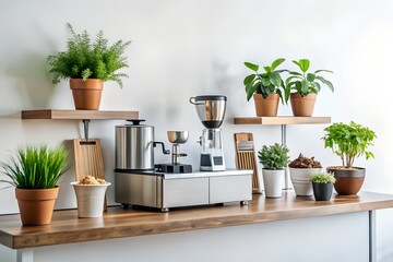 Modern Kitchen Counter with a Coffee Station and Houseplants