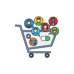 Shopping cart filled with interconnected people, symbolizing social commerce or online community.