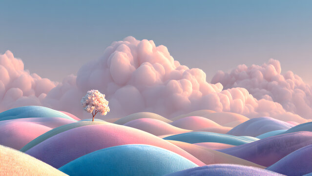 Surreal landscape with rolling pastel hills and a solitary blossoming tree under clouds