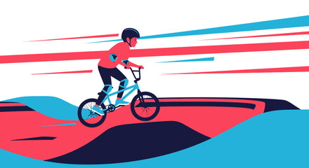 Naklejka premium Bmx Rider Performs Stunts On Colorful Landscape With Dynamic Speed Lines