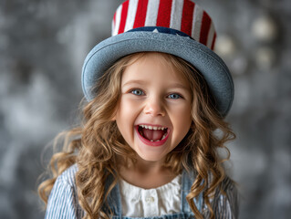 A joyful young girl with curly hair wears a patriotic hat, smiling brightly against a blurred grey background.