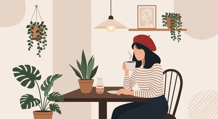 Fototapeta premium Bohemian Woman Enjoying Coffee In A Cozy Indoor Botanical Setting