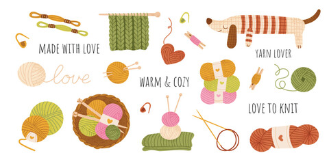 Knitting and yarn themed illustration set with cozy wool balls, needles, knitted dog, warm quotes and cute accessories. Handmade hobby concept. Flat vector elements isolated on white.
