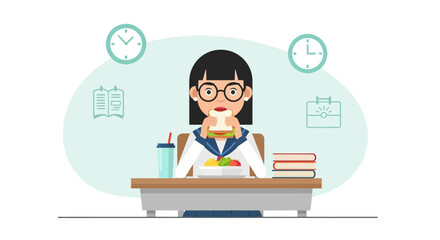 Businesswoman Having A Fast Lunch At Her Desk During Work Hours Illustration