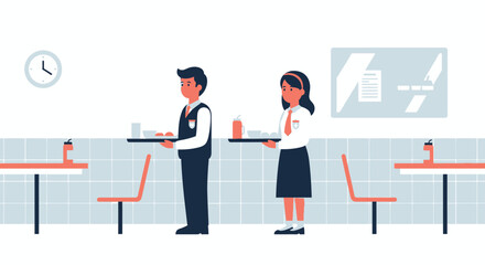 Cafeteria Serving Students Holding Tray With Food In Minimalist Style Vector Illustration