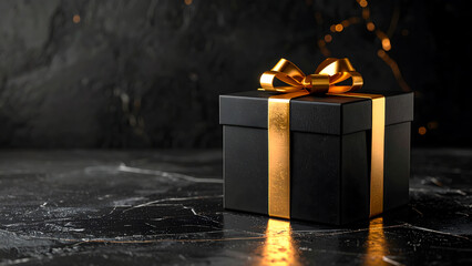 Elegant black gift box with golden ribbon on a dark marble surface.