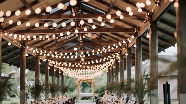 Rustic wedding reception setup with string lights illuminating long tablescape