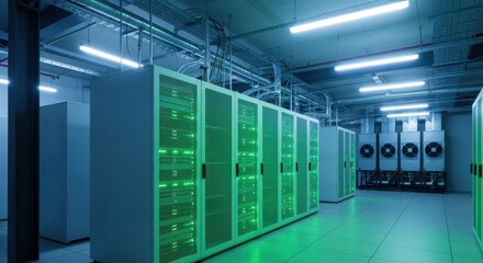 Server room with energyefficient design elements including green lighting and ecofriendly cooling solutions.