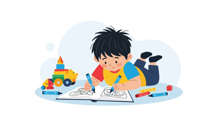 Boy Drawing With Crayons Lying On Floor With Toys And Book Illustration