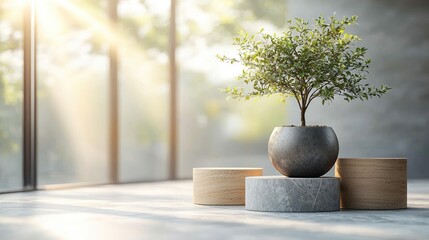Sunlit room with potted plant on tiered pedestals