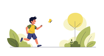 Cartoon Illustration Of a Young Boy Running After Butterfly In Nature