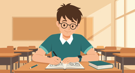 Boy Enjoying Drawing Inside Classroom With Book And Pencil Vector Illustration