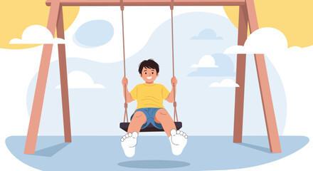 Boy Enjoying Peaceful Swing Time Outdoors with Clouds at The Park
