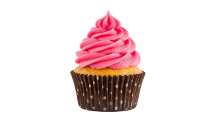 Pink Frosted Cupcake with Polka Dot Wrapper - Isolated on Transparent Background PNG