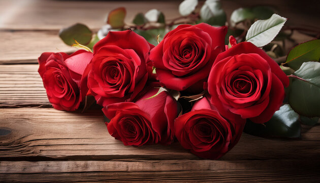 a beautiful bouquet of red roses symbols of love and romance rests on a rustic wooden background