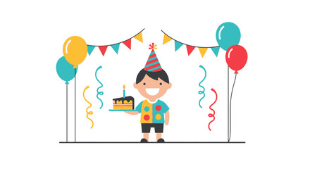Obraz premium Cheerful Birthday Boy Holding Cake With Balloons And Garland Illustration