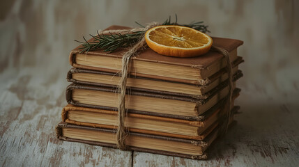  Rustic Books Stack with Rope and Dried Orange Slice .