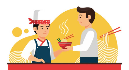 Cheerful Chef Serving Delicious Noodles to a Customer in Japanese Restaurant