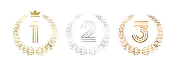 Award Winner Set Vector Illustration. Figures 1, 2, 3 In A Realistic Gold Silver Bronze with Laurel Wreath . Competition Game Concept. Isolated on white