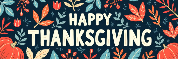 Happy Thanksgiving greeting with vibrant autumn leaves and pumpkins against a dark background, festive celebration concept.