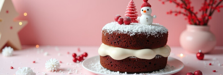 Festive chocolate cake topped with a snowman and red decorations against a soft pink backdrop, Christmas and New Year holiday delight concept.